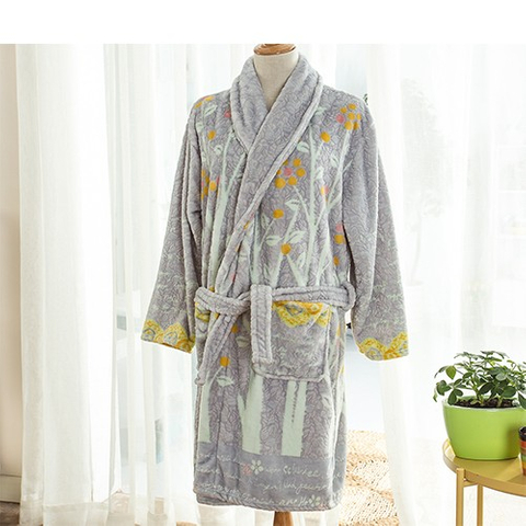 珊瑚絨睡袍-灰色印花
