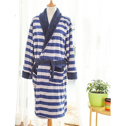 男用睡袍浴袍-珊瑚絨+條紋